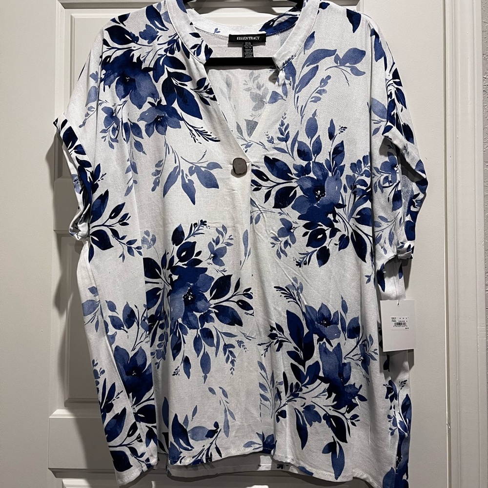 Ellen Tracy Blue and White Floral Button Down Shirt